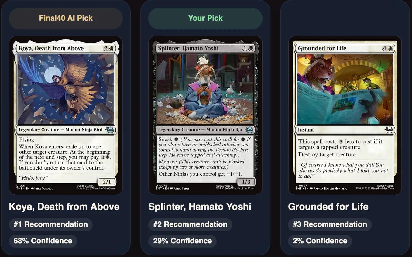 Three-card Final40 disagreement screenshot from the draft viewer.